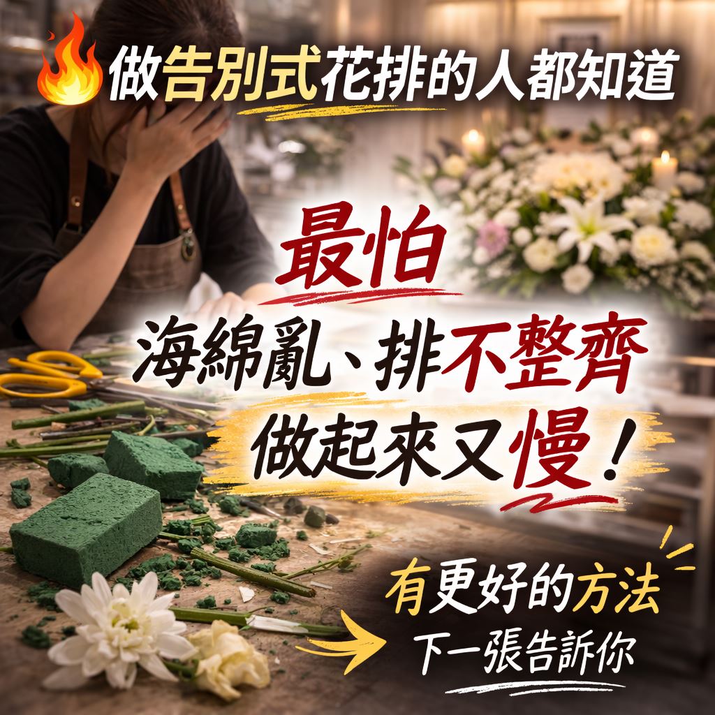 做告別式花排的人都知道 最累的其實不是插花。  是海綿。  海綿切不整齊 排起來歪歪的 做一排花排 桌上都是海綿屑。  花藝師的時間 不應該浪費在這裡。  所以我們做了一個 讓花排 更快、更整齊 的工具。