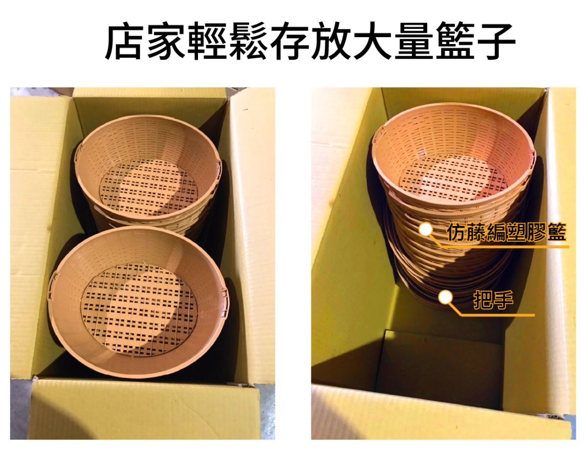 塑膠籃採堆疊設計，收納整齊不佔空間，就算店面空間有限，也能輕鬆存放大量籃子。擺放有序，讓工作環境更整潔，提升作業效率與整體形象。