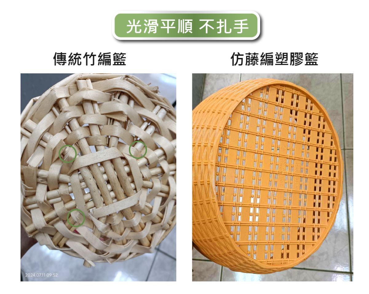 仿藤編設計，外觀與傳統竹編相似，手感光滑，不會有扎手問題。