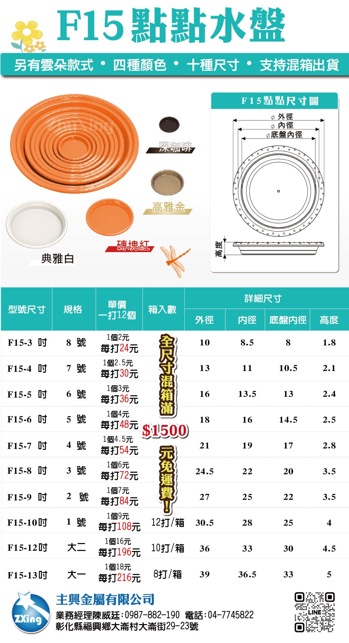 F15詳細尺寸-點點水盤尺寸圖-四種顏色十種尺寸-盆栽水盤-主興塑膠花器工廠-自創品牌zhuxing-3