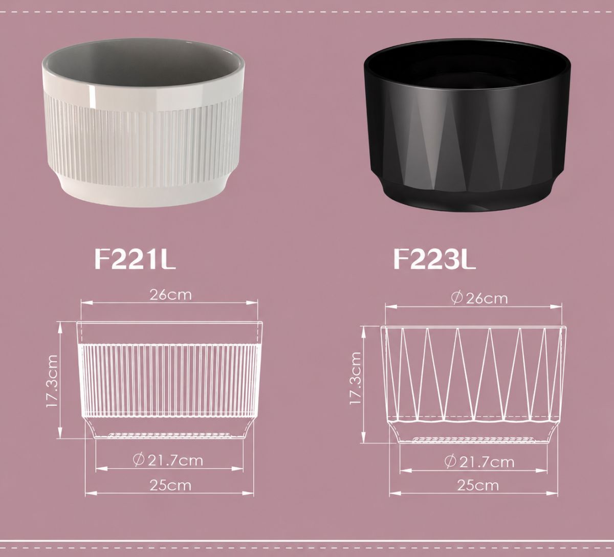 仿陶瓷花盆五株蝴蝶蘭規格尺寸圖-F221L及F223L系列