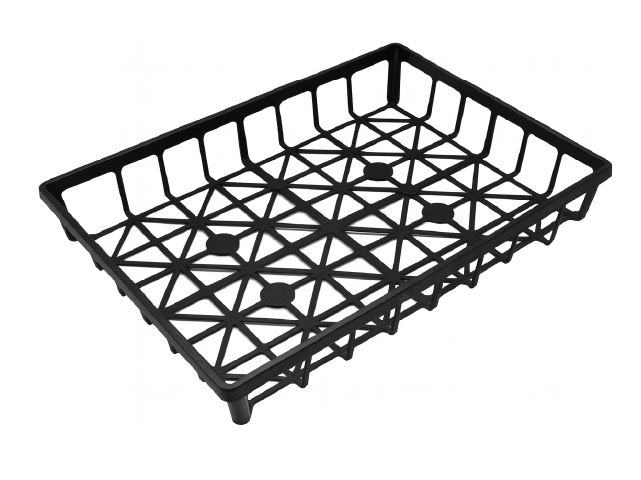 F235-直角米字端盤-結構加強設計 端盤整體結構強化，剛性高，滿盤搬運不易變形、不會下垂。  米字結構底盤 米字型底部設計，提供良好支撐力，承重力佳。  排水通風良好 底部開孔設計，有助排水與通風，減少積水。  搬運穩定方便 加高邊框設計，搬運花盆更穩定。