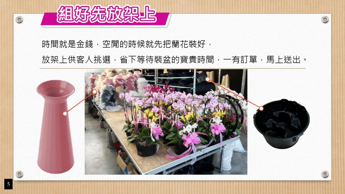 蘭花盆組好先放架上備用-主興